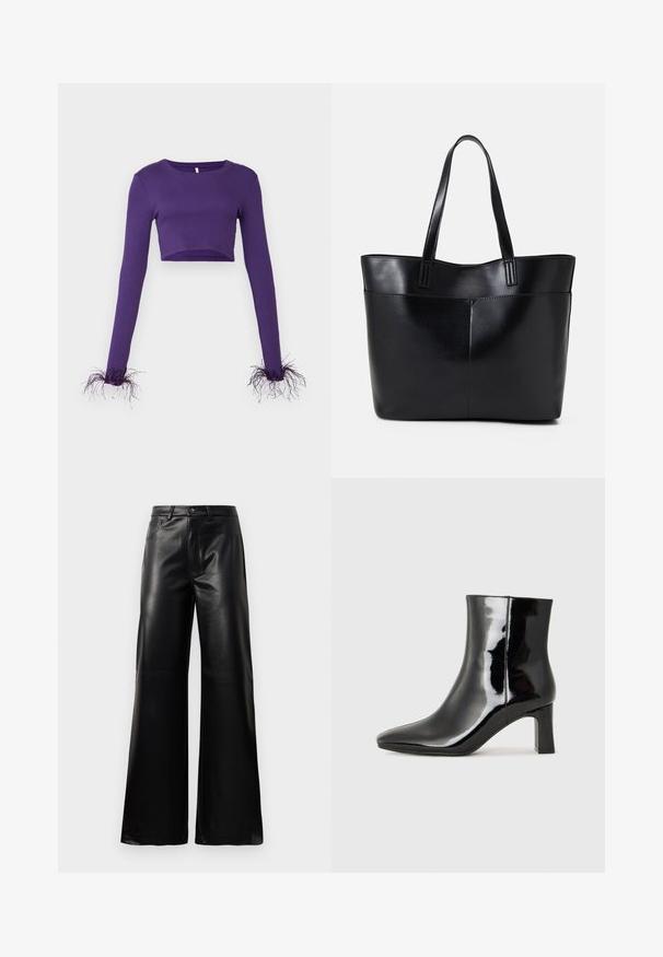 Lila kurzärmliges Oberteil mit langen Ärmeln aus geripptem Stoff, das durchsichtige, ausgefranste Akzente an den Bündchen für zusätzliche Textur aufweist.; Schwarze leichte, weit geschnittene, hochtaillierte Kunstlederhose mit vorderem Knopf, Reißverschluss, Gürtelschlaufen und Seitentaschen auf weißem Hintergrund.; Schwarzer Lackleder-Stiefelette mit spitzer Zehe und einem mittelhohen Blockabsatz. Glatte Textur und minimalistisches Design.; Schwarze Leder-Shopper-Tasche mit zwei langen Griffen, einer glatten Textur und einer strukturierten Form. Verfügt über eine Vordertasche für zusätzlichen Stauraum.