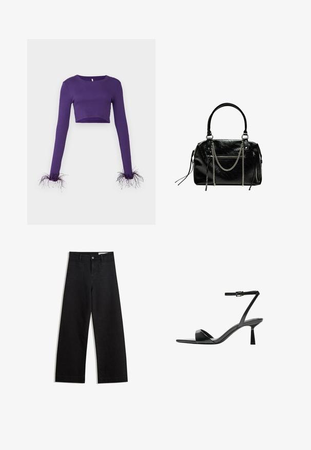 Violetti lyhytcropattu pitkähihainen paita, joka on valmistettu ribbikankaasta ja jossa on läpikuultavia, revittyjä yksityiskohtia hihoissa lisätekstuuria varten.; Mustat leveät farkut korkealla vyötäröllä, joissa on etu- ja takataskut, ommellut saumat ja nappisuljenta. Silkinoinen rakenne.; Bershka Korolliset sandaalit - black; Bershka WITH CHAIN - Käsilaukku - black