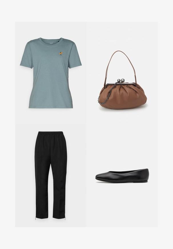 T-shirt de manga curta em algodão azul suave, apresentando um pequeno desenho bordado de uma figura segurando uma prancha de surf laranja no lado esquerdo do peito.; Calças pretas com cintura elástica, pernas retas e zíperes no tornozelo. O tecido tem uma textura suave e um design minimalista.; Paul Smith TOPANGA - Sabrinas - black; Bolsa de mão em couro castanho com um design franzido, uma alça curta em couro e uma alça de corrente. Apresenta um fecho de metal prateado com dois detalhes redondos.