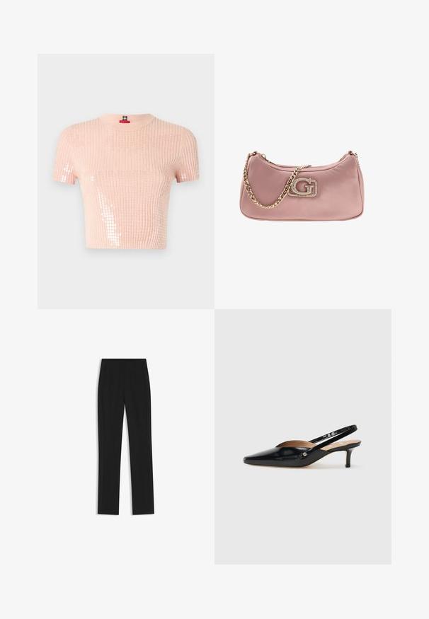 Helles rosa, geripptes Kurzarmoberteil mit Paillettenakzenten auf einer Seite und Rundhalsausschnitt. Weicher Stoff und verkürzte Passform.; Schwarze maßgeschneiderte Hose mit geradem Bein, ausgestattet mit Fronttaschen und einem glatten, strukturierten Stoff. Saubere, minimale Details.; Schwarze Lackleder Slingback-Pump mit spitzem Zehenbereich, kleinem Absatz und einem Ausschnittdesign auf dem Vorderteil. Hardware in Goldton als Akzent an der Seite.; Rosa satinierte Handtasche mit einer goldenen Kettenriemen und einem auffälligen, mit Kristallen verzierten Logo auf der Vorderseite. Glatte Textur und runde Form.
