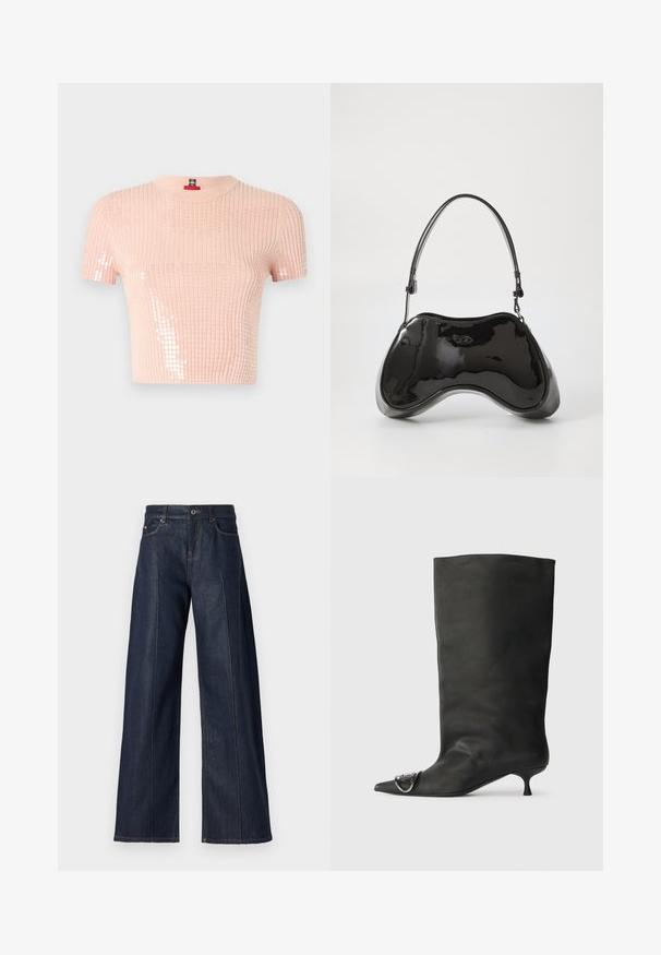 Svetloružový rebrovaný pletený top s krátkymi rukávmi a flitrovými akcentmi na jednej strane, s okrúhlym výstrihom. Mäkká textúra a skrátený strih.; Široké nohavice z tmavomodrej denimu s hladkou textúrou, vybavené piatimi vreckami, gombíkom a kontrastným prešívaním pozdĺž švov.; Čierna kožená členková topánka s špicatou špičkou, malým podpätkom a kovovým akcentom na špičke. Hladká, matná textúra po celom povrchu.; Čierna lakovaná kožená kabelka s jedinečným zakriveným tvarom, krátkym nastaviteľným popruhom a zipsom na vrchu. Hladká textúra s jemným brandingom.