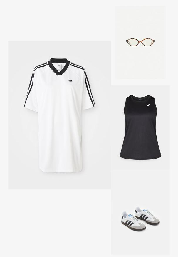 Černý sportovní tílko vyrobené z lehkého a prodyšného materiálu. Má kulatý výstřih a jemné logo na horní levé straně.; Bílý sportovní dres s krátkým rukávem a černým výstřihem do V, s černými třípruhovými akcenty na ramenou. Na hrudi se nachází malé logo.; Sportovní boty s bílým koženým svrškem, šedou semišovou špičkou a třemi černými pruhy. Obsahují modré logo na jazyku a texturovanou gumovou podrážku.; Želvovinové brýle s oválnými čočkami a hladkým, jemným povrchem. Má tenké bočnice s jemným zakřivením v chrámcích. Čiré čočky.