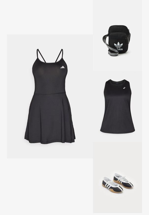 Zwarte sportieve tanktop van lichtgewicht, ademend materiaal. Heeft een ronde halslijn en een subtiel logo aan de bovenlinkerkant.; Zwarte sportieve jurk met een aansluitend lijfje, dunne bandjes en een uitlopende rok. Bevat het Adidas-logo in het wit aan de bovenlinkerkant. Gladde textuur.; Zwart-witte sport schoenen met een slank ontwerp, rubberen zool, vetersluiting en drie witte strepen aan de zijkanten.; Zwarte stoffen schoudertas met een ritssluiting, voorzien van een wit Adidas-logo en een gestreepte, verstelbare schouderband voor gemakkelijk dragen.