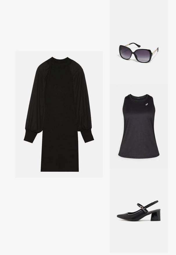 Black athletic tank top made of lightweight, breathable fabric. Features a round neckline and a subtle logo on the upper left side.; Black dress featuring a ribbed fabric with puffed sleeves and a high neckline. The silhouette is straight and falls to the knee.; Black patent leather slingback heels with a pointed toe, a rounded cutout design, and a block heel. Features a gold-tone buckle accent.; Black oversized sunglasses with gradient lenses, thick frames, and gold-tone chain detailing on the temple arms.