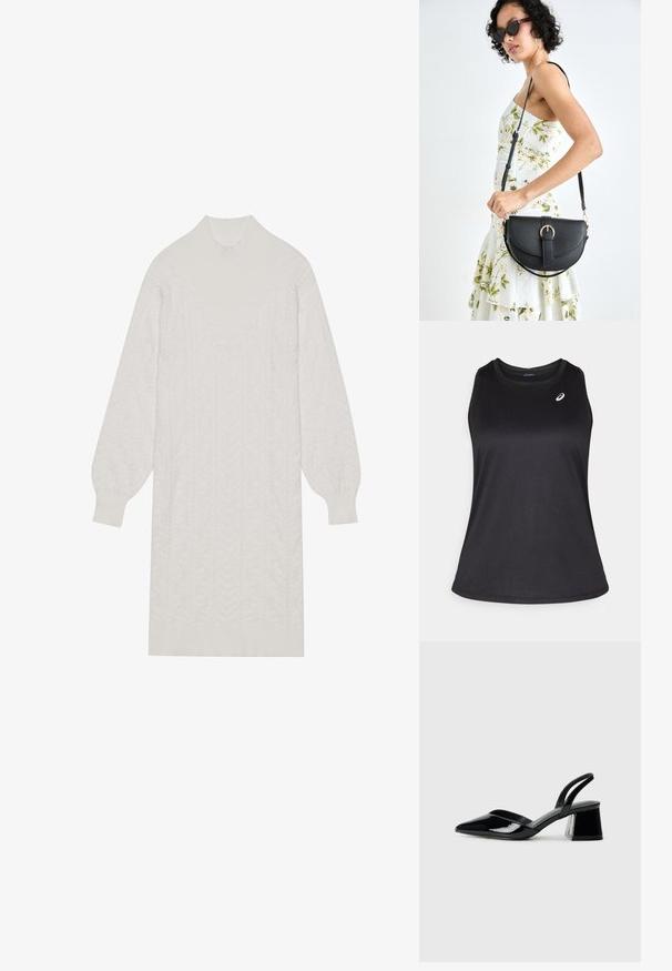 Débardeur de sport noir en tissu léger et respirant. Il présente un col rond et un logo subtil sur le côté supérieur gauche.; Robe pull en tricot blanc avec un col montant, des manches bouffantes et un ourlet côtelé, présentant un motif texturé sur toute la surface.; Escarpins en cuir verni noir avec bout pointu et talon bloc géométrique. Présente un design élégant et minimaliste ainsi qu'une texture lisse.; Sac à main en cuir noir avec une forme courbée, bandoulière amovible et des accessoires en or. Le sac est doté d'un rabat avec un détail de boucle.