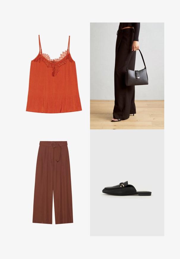 Oransje camisetttopp med tynne stropper, blondekant ved halsen og plisserte teksturer i hele stoffet.; Bredde bukser i brunt stoff, med belte med firkantet spenne, plisserte design og myk tekstur.; Svart slip-on sko laget av glatt lær. Har en rund tå, et dekorativt vevd belte og en liten gullaccent. Flat såle.; Svart håndveske med strukturert form, jevn tekstur og metallisk lås. Kombinert med brede svarte bukser og sandaler med åpen tå på tregulv.