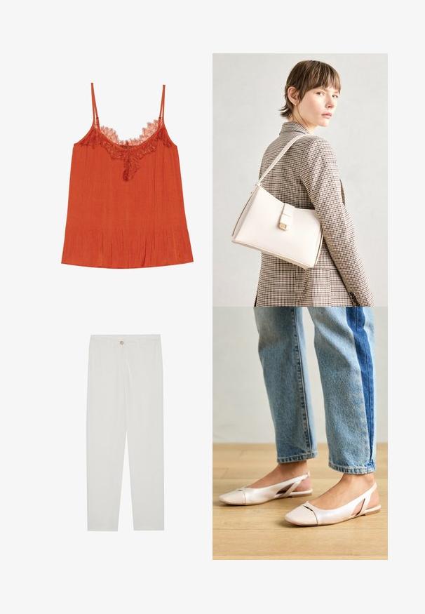 Orange camisole top med tynde stropper, en blondekant ved halsudskæringen og en plisseret tekstur i hele stoffet.; Hvide, skrædderlavede bukser med lige ben design, udstyret med knaplukning, bæltesløjfer og sidelommer; glat stoftekstur.; Lyserøde slingback flade sko med spidse tær, lavet af et glat læderlignende materiale. Har udskæringsdetaljer på siderne og en flad hæl.; Hvid læder håndtaske med en struktureret design, der har en magnetlukning og en skulderrem, præsenteret mod en neutral baggrund.