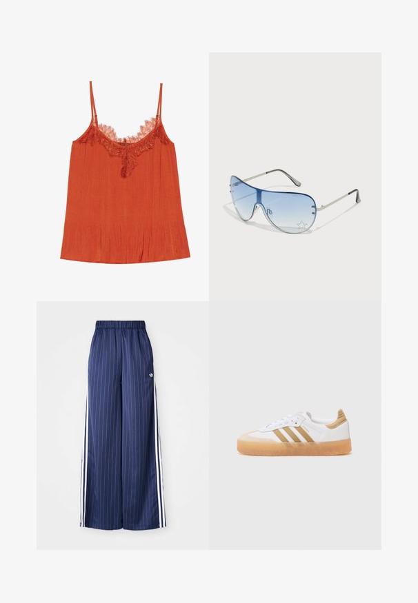Orange camisole top featuring thin straps, a lace trim neckline, and a pleated texture throughout the fabric.; Navy blue wide-leg pants with vertical white stripes, elastic waistband, and three white stripes along each side, made from a lightweight material.; White sneaker with beige accents, featuring three stripes, a rounded toe, and a translucent gum sole. Smooth leather and textile materials.; Aviator sunglasses featuring a gradient blue lens, silver metal frame, and decorative star accents on the lens. Smooth and sleek design.
