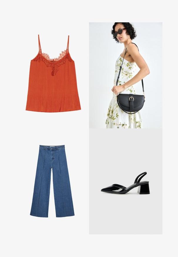 Top arancione in camicia con spalline sottili, collo con bordatura in pizzo e una texture plissettata su tutta la stoffa.; Jeans in denim a gamba larga di blu medio, con vita alta, chiusura con bottone e dettagli delle cuciture verticali a contrasto lungo la parte anteriore.; Décolleté in vernice nera con punta affusolata e tacco in geometria cubica. Presentano un design elegante e minimalista, con una texture liscia.; Borsa a tracolla nera in pelle con una forma curva, manico rimovibile e accessori dorati. La borsa presenta una patta con un dettaglio a fibbia.