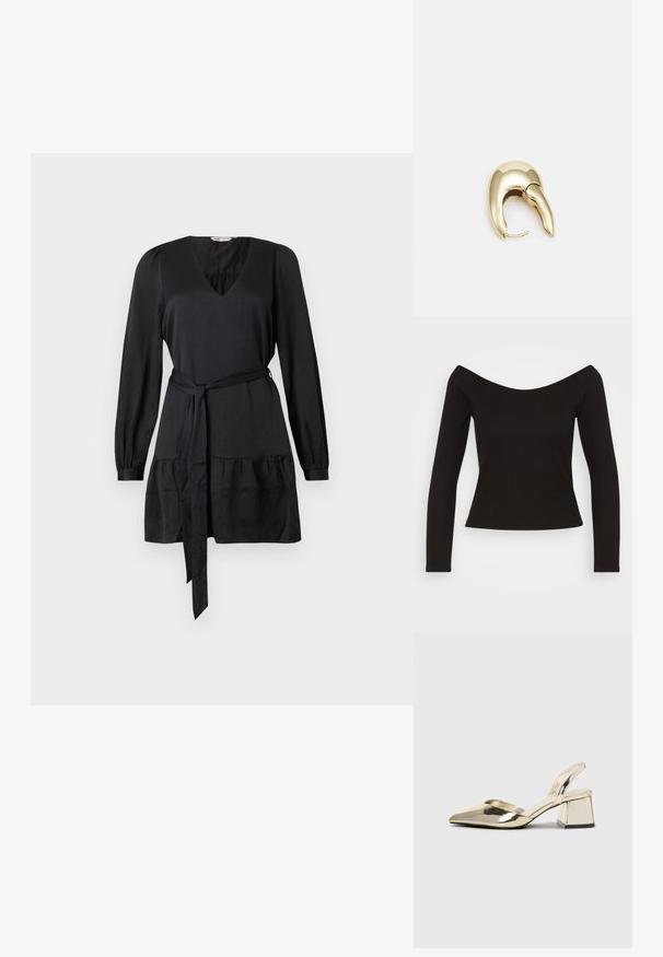 Svart ribbade långärmad topp med off-shoulder-design och kroppsnära silhuett. Slät textur med ett något stretchigt tyg för komfort.; Svart klänning med V-ringning, långa ärmar och knytbälte. Har en rynkad volang vid fållen för extra textur. Slät tygfinish.; Guld, metalliska slingback-klackar med spetsig tå och chunky klack. Slät textur, minimalistisk design och en smal rem.; Svart läderhandväska med en böjd form, avtagbar rem och guldiga detaljer. Väskan har ett lock med en spänndetalj.; Örhänge i guldtonad metall med en elegant, böjd design. Har en distinkt spetsig form, polerad yta och gångjärnslås.