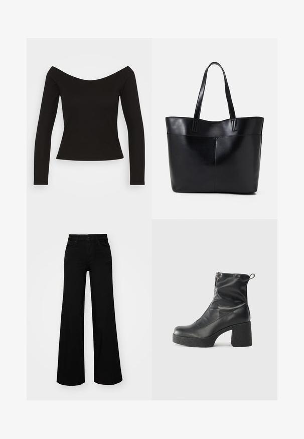 Musta ribattava pitkähihais toppi olkaimeton muotoilu ja tiukka siluetti. Pehmeä pinta ja hieman joustava kangas mukavuutta varten.; Musta leveälahkeinen farkkupanta, jossa on rakenteellinen vyötärö, vyölenkit ja etutaskut. Sujuva rakenne klassisella muotoilulla.; Mustat nilkkurit, jotka on valmistettu sileästä nahasta. Niissä on sivuvetoketju, paksu teksturoitu korko ja pyöristetty kärki.; Musta nahkainen kassi, jossa on kaksi pitkää kahvaa, sileä pinta ja jämäkkä muoto. Sisältää etutaskun lisävarastointia varten.