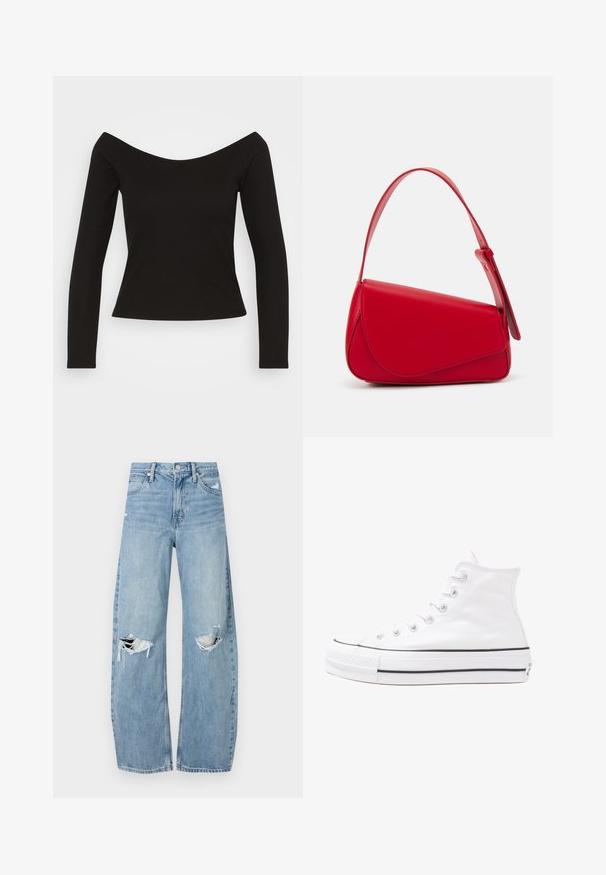 Top negru, cu croi din material ribat, cu mâneci lungi și design off-shoulder, care are o siluetă ajustată. Textura este netedă, iar materialul are o ușoară elasticitate pentru confort.; Jeans de denim, de un bleu deschis, cu talie înaltă. Au picioare late, două zone rupte la genunchi și un stil clasic cu cinci buzunare.; Adidași albi tip pantofi sport cu glezna din pânză, cu talpă din cauciuc negru, capac de vârf din cauciuc frontal și șase ochiuri pentru șireturi, având un design curat și minimalist.; Geantă de mână din piele roșie, cu un design unghiular și geometric. Dispune de o singură curea ajustabilă și un sistem de închidere cu clapetă, cu detalii cusute.