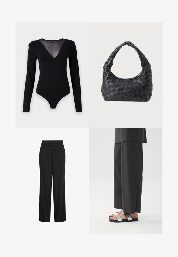 Fekete, hosszú ujjú testharisnya, hálós V-kivágással és ráncolt vállrésszel. Sima anyag, amely testhez simuló fazonú.; Fekete, bő szárú nadrág, könnyű anyagból készült, rugalmas derékkal és állítható húzózsinórral. Simább textúra, látható minták nélkül.; Fekete, laza szabású nadrág, befejezetlen szegéllyel, lapos szandálokkal párosítva, ezüst szalagokkal és díszes fémalkatrészekkel.; Fekete bőr, fonott válltáska lekerekített fogantyúval és hold alakú testéval egyszínű háttéren.