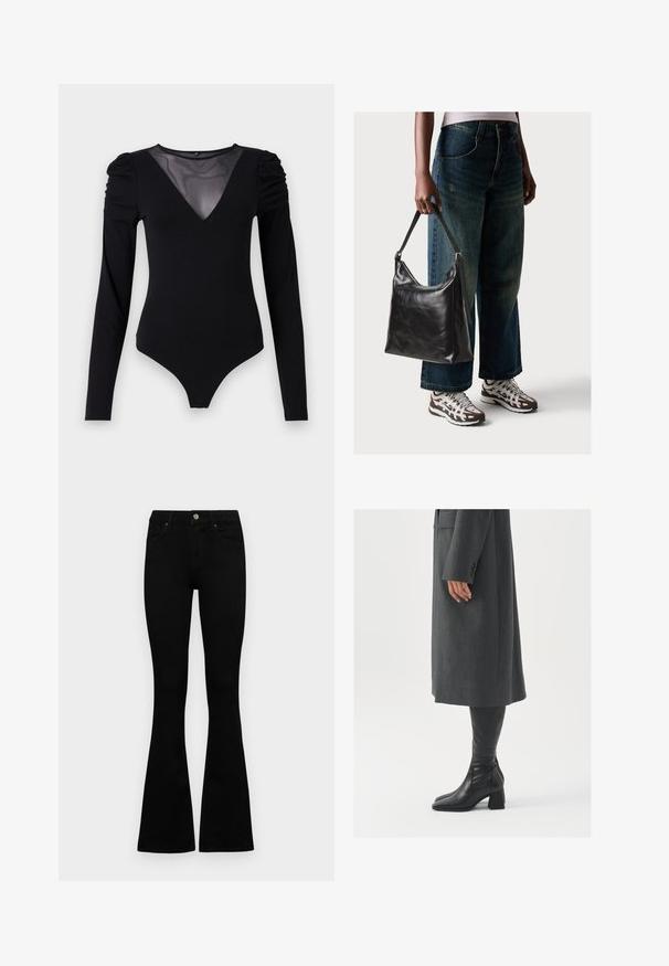 Bodysuit preto com mangas compridas, apresentando um decote em V em tecido de rede e detalhe de ombro franzido. Tecido suave com um corte ajustado.; Jeans pretos de cintura alta com fecho de botão e zíper, bolsos frontais e pernas largas dispostos em cima de um fundo branco.; Casaco cinza, ajustado, com corte reto; combinado com botas de couro pretas até ao joelho, com biqueira quadrada e salto grosso.; Bolsa de ombro em couro preto com textura suave e alça ajustável, combinada com jeans de perna larga desbotados e ténis desportivos.