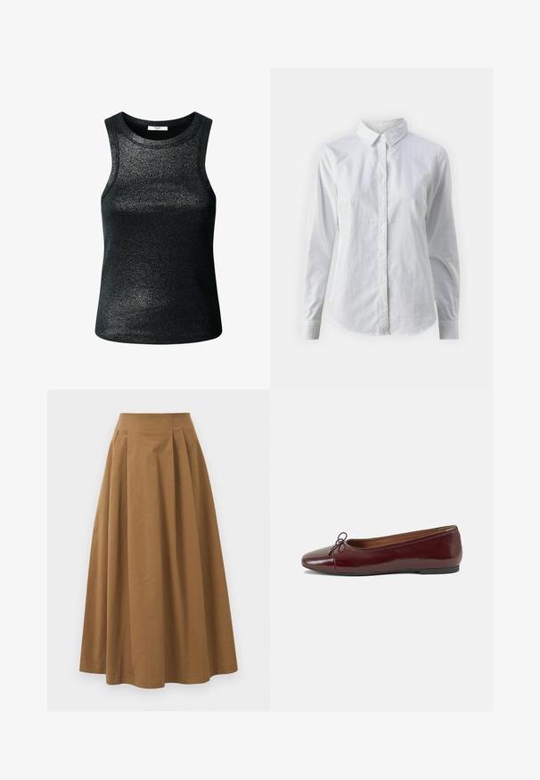 Black, sleeveless top made of a shimmery, textured fabric. Features a round neckline and a fitted shape, suitable for casual or layered wear.; White button-up shirt made of smooth cotton, featuring a classic collar, long sleeves, and a curved hem. Buttons are small and white.; Brown cotton A-line skirt with a high waist, featuring pleats down the front and a smooth texture. Hem finishes are clean and simple.; Burgundy patent leather ballet flat with a rounded toe, small bow accent at the front, and a low, black rubber sole. Smooth texture.