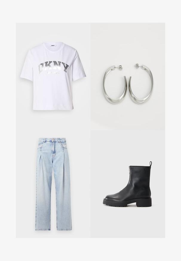 Valkoinen lyhythihainen t-paita, joka on valmistettu puuvillasta. Paidassa on hopeinen metallipainatus, jossa lukee "DKNY" ja "New York" lihavoituina, suurilla kirjaimilla.; Vaaleansiniset farkut, joissa on korkea vyötärö, leveälahkeinen leikkaus, kaksi sivutaskua ja pleatattu muotoilu. Pehmeä rakenne, jossa on haalistunut viimeistely.; Musta nahkasaapas nilkkapituisena, jossa on sivuvetoketju, pyöristetty kärki ja paksu, teksturoitu pohja. Huomaamaton brändäys sivussa.; Hope hopeista, joissa on sileä, kaareva muotoilu. Varustettu kiiltävällä metallipinnoitteella ja nappikiinnityksellä. Ei näkyviä kuvioita tai koristeluja.