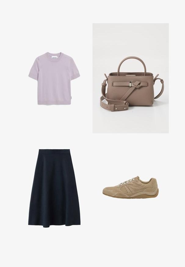 Short-sleeve lavender knit top with crew neck and ribbed cuffs, labeled "ARMEDANGELS" on the collar tag.; A dark navy midi skirt made from smooth fabric, featuring a fitted waistband and a flared shape, with no visible patterns or embellishments.; Beige suede sneaker with a low profile, textured surface, and white laces. Features a curved design and a rubber sole for grip.; Taupe textured leather handbag with top handle, adjustable shoulder strap, and decorative knot detail on a clean white background.