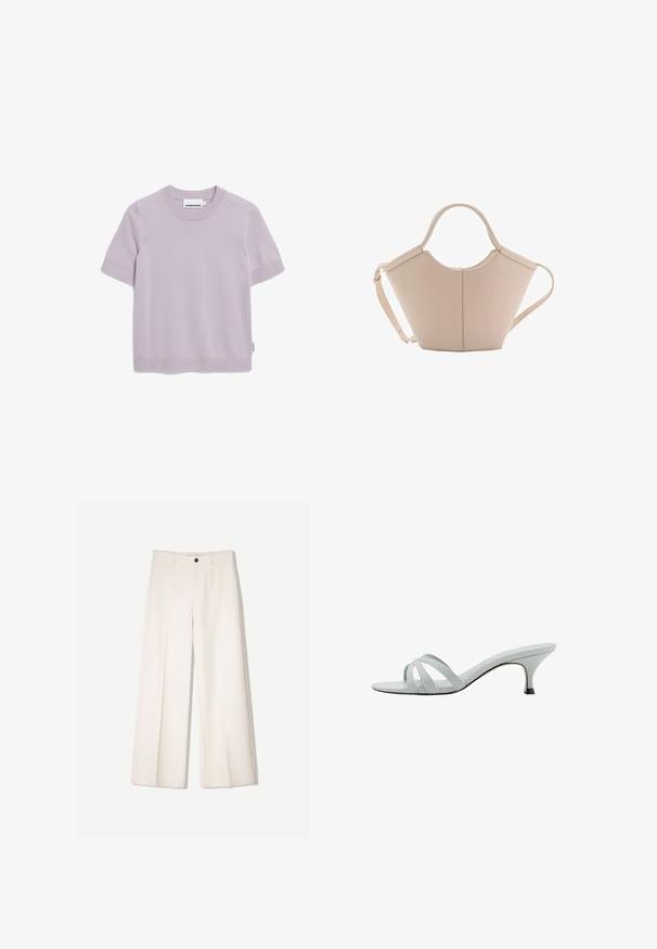 Kurzärmliges, lavendelfarbenes Strickoberteil mit Rundhalsausschnitt und gerippten Bündchen, mit dem Etikett "ARMEDANGELS" am Kragen.; Cremfarbene weitem Hosen mit maßgeschneidertem Design, ausgestattet mit zwei vorderen Taschen und einem vorderen Knopfverschluss, aus glattem Stoff gefertigt.; Hellgraue Absätze mit drei überkreuzten Riemen, schlankem Profil und spitz zulaufendem Absatz. Glatte Textur mit leicht glänzendem Finish.; Beige Lederhandtasche mit einer einzigartigen Form, die zwei kurze Henkel und einen langen verstellbaren Riemen aufweist. Glatte Textur mit minimalen Hardware-Elementen.