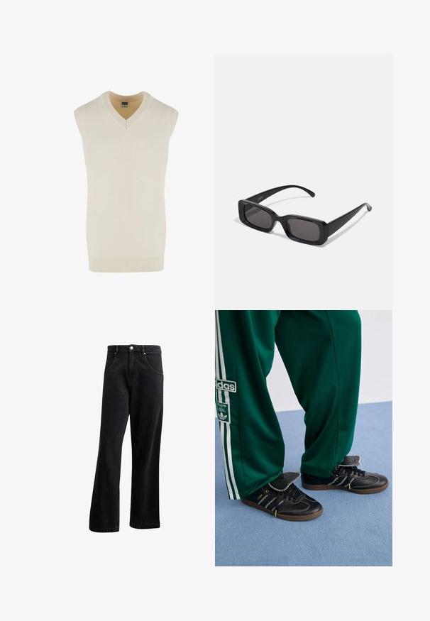 Varrukateta kreem V-kaelusega sviiter, mis on valmistatud pehmest kudumisest. Omab soonikkoes kaelust ja allääret ning sirget lõike disaini.; Mustadest denimist valmistatud sirge säärega teksad, millel on esipocketid, nööbid ja kerge tekstuur. Lisatud on diskreetne logo detail.; Mustad mustad siled nahk, kummist tallad ja unikaalsed sikk-sakid. Komponeeritud roheliste, lõtvade pükstega, millel on valged triibud.; Mustad mustanäolised prillid tumedate läätsedega, läikiv viimistlus, laiad sangad ja massiivne raami disain. Ühe sanga peal on graveeritud brändi nimi.; Must lanikott, mis on valmistatud vastupidavast materjalist, flapi sulgemise, reguleeritava õlarihma ja esiküljel logo detailiga.