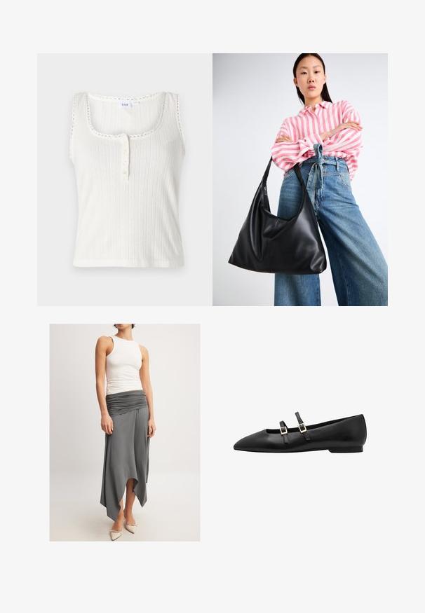 Biały prążkowany podkoszulek z okrągłym dekoltem, falbaniastym brzegiem i pięcioma guzikami. Posiada teksturowane pionowe paski.; Beżowy top na ramiączkach zestawiony z luźną, szarościową spódnicą z marszczonym pasem i asymetrycznym dołem. Modelka ma na sobie beżowe, wysoki obcasach.; Czarne skórzane płaskie buty z ostro zakończonym noskiem, z dwiema czarnymi paskami i złotymi, prostokątnymi klamrami. Gładka tekstura i niski profil podeszwy.; Czarna skórzana torebka na ramię o luźnym kształcie i detalach szwów. Model nosi różową koszulę w białe paski oraz szerokie niebieskie dżinsy.