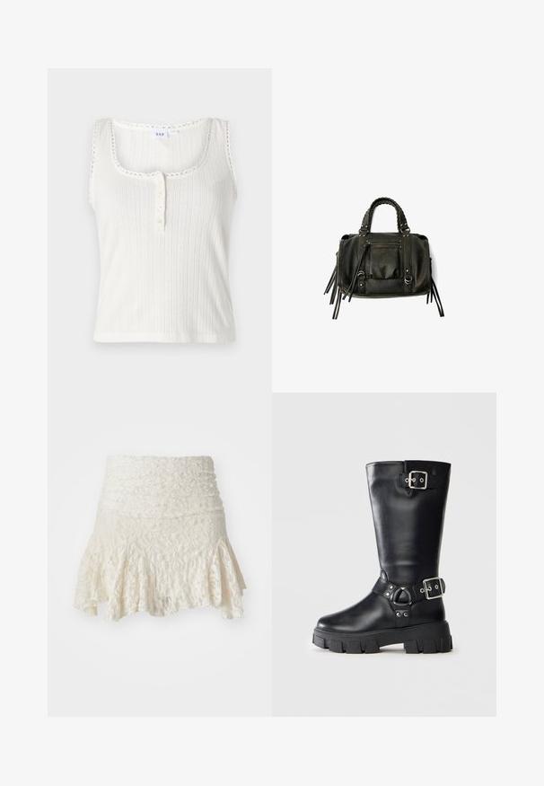 Top de tip tank alb, cu gât oval, margine ondulată și placket cu cinci nasturi. Are dungi verticale texturate.; Fustă din dantelă de culoare crem, cu talie ajustată și tiv evazat. Model floral texturat pe întreaga suprafață, cu un design stratificat în partea de jos.; Botine negre din piele până la jumătatea gambei, cu talpă groasă tip lug, două curele cu cataramă argintie — una în partea de sus și una în jurul gleznei.; Geantă din piele neagră, cu mânere împletite, buzunar cu fermoar și ciucuri suspendați. Suprafață texturată cu capse metalice și accente din metal.; Ceas Cluse pătrat cu un cadran alb, accente de aur și argint, și o curea bimetalică cu linkuri alternante de aur și argint.