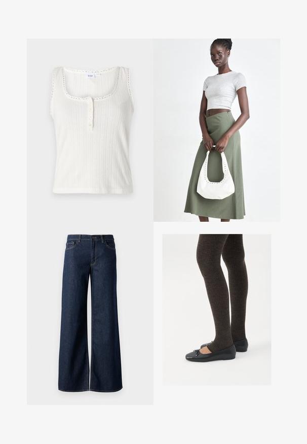 Balta šonkaine tank top'o su apvaliu kaklu, banguotu kraštu ir penkių mygtukų užsegimu. Yra tekstūruoti vertikalūs dryžiai.; Plati kojinės džinsai tamsiai mėlynos džinsinės medžiagos. Yra kontrastingas siuvimo ornamentas, penkios kišenės ir užsegimas mygtuku juosmenyje. Lygus paviršius.; Juodos plokščios bateliai su maža kaspinėlio detale prie pirštų, derinami su tamsiai rudos spalvos raukšlėtomis pėdkelnėmis. Bateliai turi lygų paviršių ir žemą profilį.; Pilka juostuota trumpa palaidinė ir alyvuogių žalios spalvos aukšto liemens sijonas. Modelis laiko baltą petį krepšį su išpjovomis. Paprastas dizainas, prigludusi siluetas.