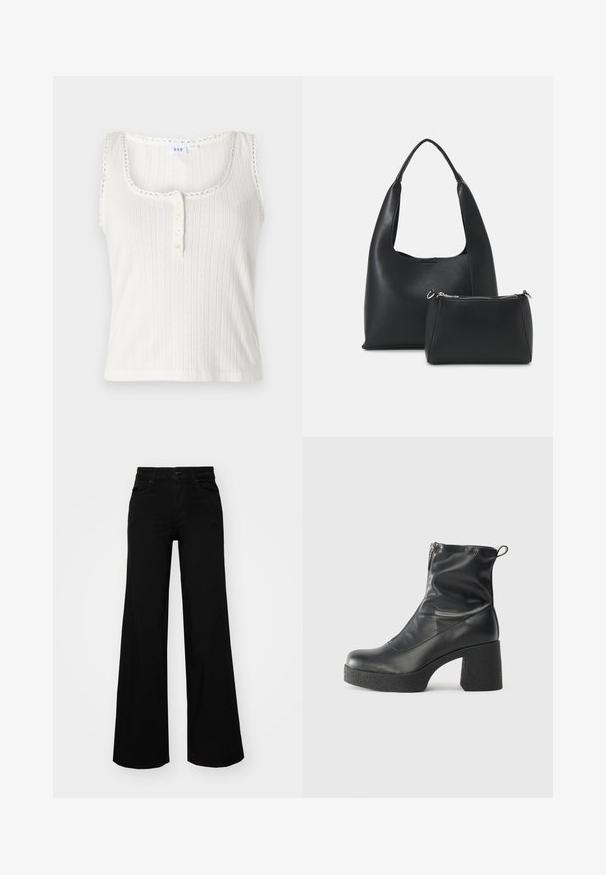Fehér bordázott ujjatlan póló kerek nyakkivágással, fodros széllel és öt gombos záródással. Texturált függőleges csíkokkal rendelkezik.; Fekete, bő szárú farmernadrág, amelynek állítható derékrésze van, övhurkokkal és elülső zsebekkel. Simaság jellemzi, klasszikus dizájnnal.; Fekete bokacsizmák sima bőrből, oldalsó cipzárral, vastag, texturált sarkú és lekerekített orrú dizájnnal.; Even&Odd Kézitáska - black