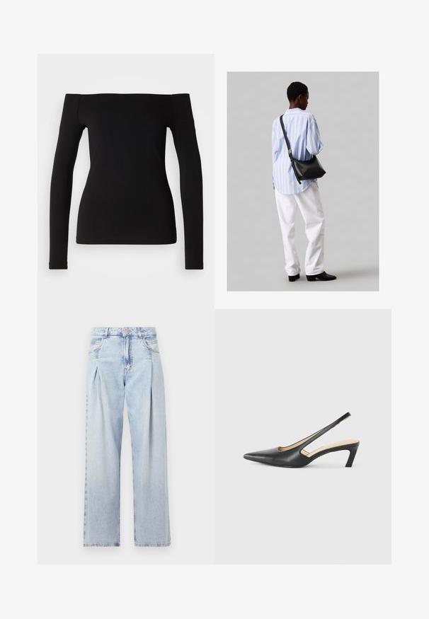 Juodas ilgas rankovėmis viršus su atvira pečių linija, glotnaus audinio, prigludusio dizaino ir be siūlių apvadu. Paprastas ir minimalistinis stilius.; Šviesiai mėlyni džinsai su aukštu liemeniu, plačiomis kojomis, dviem šoninėmis kišenėmis ir raukinių dizainu. Minkšta tekstūra su nudilusia apdaila.; Juodas smailus slingback batelis su žemu kulnu, pagamintas iš lygaus odos paviršiaus ir su išpjovomis šone, užtikrinančiomis oro pralaidumą.; Juodas odinis petinis krepšys su minkšta tekstūra, trikampiu pavidalu ir reguliuojama juosta, derinamas su šviesiai mėlynu dryžuotu marškinėliu ir baltais džinsais.
