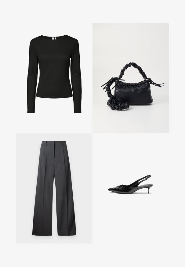 Melnā gara piedurkņu krekls, izgatavots no gludas auduma, ar klasisku apaļu kakla izgriezumu un pieguļošu dizainu, bez redzamām rakstām un rotājumiem.; Platās kājas bikses tumši pelēkā audumā, ar augstu jostasvietu, ar vienu uzpūstu vīli un gludu tekstūru ar tīru apdari ap malām.; Melni ādas sandales ar norādītu pirkstu, mazu kaķa papēdi un dekoratīvu mezglu detaļu priekšā. Gluda tekstūra visā virsmā.; Melnā mākslīgās ādas rokassoma ar krokodila rakstu, savilkta augšdaļa un saburzīta siksna. Izskatās mīksta un kompakta pēc dizaina.