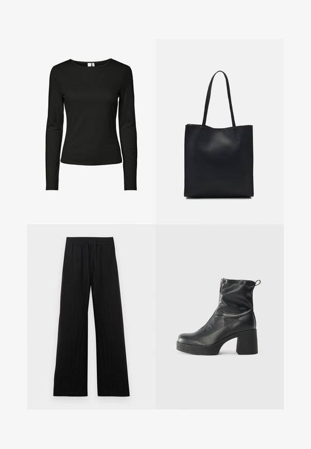 Juodas ilgomis rankovėmis marškinėliai, pagaminti iš lygaus audinio, su klasikinėmis apykaklėmis ir prisitaikantiems siluetu, be matomų raštų ar puošmenų.; Juodos plačios medvilninės kelnės. Turi elastingą juosmenį ir lygų, tekstūruotą paviršių. Be matomų raštų ar akcentų.; Juodos kulkšninių botai, pagaminti iš lygaus odos, su šoniniu užtrauktuku, masyviu tekstūruotu kulnu ir apvaliu pirštu.; Juodas odinis tote krepšys su lygia tekstūra, stačiakampio formos ir dviem ilgais rankenomis. Matomų metalinių detalių ar puošybos nėra.