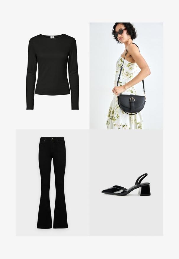 Melnā gara piedurkņu krekls, izgatavots no gludas auduma, ar klasisku apaļu kakla izgriezumu un pieguļošu dizainu, bez redzamām rakstām un rotājumiem.; Melni augsta jostas šorti ar pogu un rāvējslēdzēju, priekšējām kabatām un izplestām kājām, nolikti uz balta fona.; Melna lakota āda ar atvērto papēdi, ar smailu purngalu un ģeometrisku blokpapēdi. Iezīmējas elegants, minimāls dizains un gluda tekstūra.; Melnas ādas rokassoma ar izliekta formu, noņemamu siksnu un zelta aksesuāriem. Somai ir vāciņš ar sprādzes detaļu.