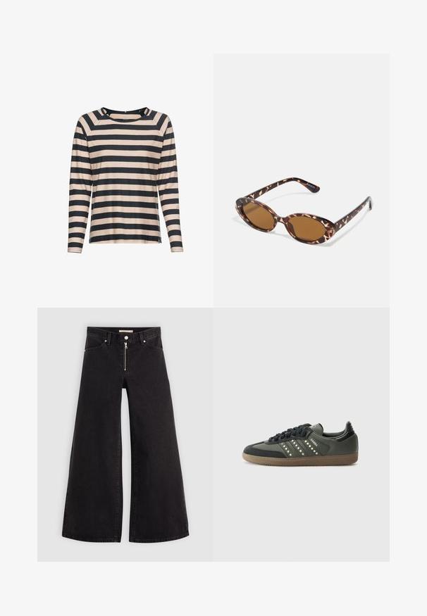 Langsleeve shirt met een ronde hals, met brede horizontale strepen in marineblauw en lichtbeige. Zacht materiaal met een relaxed fit.; Wijdvallende jeans van zwarte denim met een ritssluiting aan de voorkant, vijf zakken en subtiele stikdetails. Soepele textuur en casual stijl.; adidas Originals SAMBA OG - Sneakers laag - core black/legend earth/gum; Schildpadvormige zonnebril met ovale lenzen, bruin getint, dunne armen met een gestructureerd patroon, lichtgewicht kunststof frame.