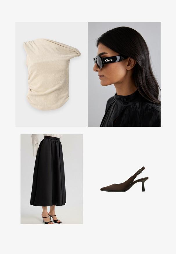 Světle béžový top vyrobený z texturované látky, který se vyznačuje splývavým designem s nařasením na jedné straně a širokým, off-shoulder výstřihem.; Černá maxi sukně vyrobená z hladkého materiálu, s nařaseným pasem a splývavým střihem, v kombinaci s černými sandály na podpatku.; Hnědé semišové slingback lodičky s špičatou špičkou, elegantním designem, tenkým podpatkem a spony na kotníkovém popruhu.; Černé sluneční brýle s kulatými skly a výraznými, ostrými rámy, na boku s bílým nápisem "Chloé". Hladký, lesklý povrch.; Zlatý obdélníkový náramkový hodin s bílým ciferníkem, stříbrnými indexy a odolným kovovým náramkem. Obsahuje voděodolnou funkci.