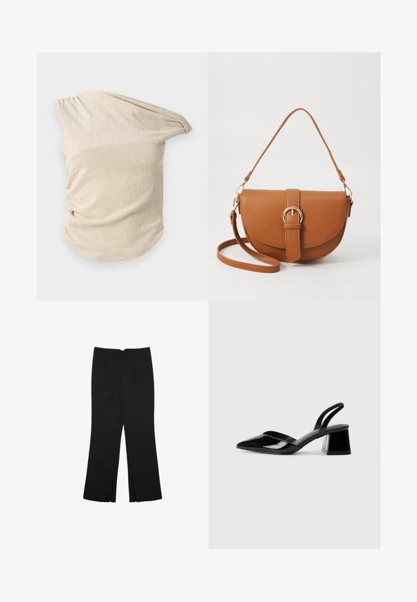 Vaalea beige paita, joka on valmistettu teksturoidusta kankaasta. Paita sisältää drapeerauksen, jossa on kerrostettu yksityiskohta toisella puolella ja leveä, olkapäiltä paljastava kaula-aukko.; Mustat housut suoralinjaisella leikkauksella, joissa on etutaskut ja sivurei'ät helman alla. Valmistettu pehmeästä ja sileästä kankaasta. Sopii eri tilaisuuksiin.; Mustat patentoitu nahkakengät, joissa on säären takaosa ja terävä kärki, sekä geometrinen palikkakorko. Sisältää tyylikkään, minimalistisen muotoilun ja sileän pinnan.; Ruskean nahkainen olkalaukku, jossa on kaareva muoto, kultaiset yksityiskohdat ja solkiyksityiskohta. Varustettu irrotettavalla olkahihnalla.