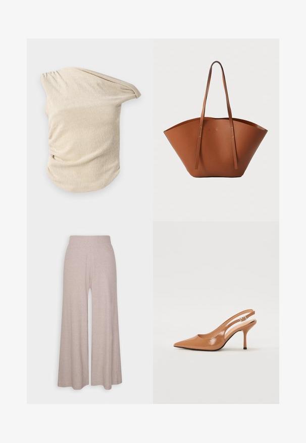 Licht beige top van textuurstof, met een gedrapeerd ontwerp en geplooide details aan één kant en een brede, off-shoulder halslijn.; Lichtgrijze, wijde broek van zacht, geribbeld materiaal, met een hoge tailleband en volledige lengte benen met een subtiele textuur.; Puntige slingback hak in een glad, glanzend beige materiaal. Bevat een gebogen uitsnijdontwerp en een slanke stiletto hak. Zilveren gesp detail.; Bruine lederen totebag met een brede, gestructureerde vorm, dunne handvatten en een gestructureerde afwerking. Kenmerkt zich door een minimalistisch ontwerp zonder zichtbare hardware.