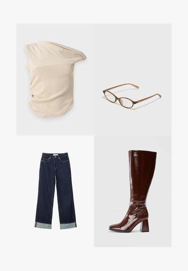 Světle béžový top vyrobený z texturované látky, který se vyznačuje splývavým designem s nařasením na jedné straně a širokým, off-shoulder výstřihem.; Tmavě modré kalhoty s širokými nohavicemi a vysokým pasem, s ohrnutými manžetami, kontrastním prošíváním a pěti kapsami. Vyrobené z denimové tkaniny.; Hnědé lakované kozačky do výšky kotníků se čtveratou špičkou, lesklým povrchem a robustním podpatkem pro větší stabilitu. Bezšvový design bez viditelného kování.; Hnědé želvovinové brýle s oválnými skly, tenkými bočními nohami a průhlednými akcenty. Obsahují decentní logo na stranu. Elegantní, lehký design.; Hnědá semišová hobo taška s zakřiveným vrškem, dlouhým popruhem s tečkovanými akcenty a měkkou texturou. Disponuje uvolněným designem pro každodenní nošení.