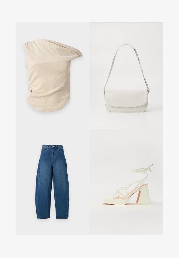Gaiši beidžu tops, kas izgatavots no teksturēta auduma, ar plūstošu dizainu, kas rotāts ar savilktiem akcentiem vienā pusē un plašu, nostiprinātu pie kakla.; Denim bikses vidējā zilā krāsā ar augstu jostasvietu, platām kājām un standarta piecu kabatu dizainu ar redzamām šuvju detaļām.; Baltas augstpapēžu sandales ar masīvu papēdi, ar siksnu dizainu un potītes saistītiem elementiem. Gluda tekstūra ar platformu priekšpusē, lai nodrošinātu papildu augstumu.; Balta ādas plecu soma ar gludu virsmu, taisnstūra formā, ar atloku aizdari un regulējamu siksnu. Vienkārša šuvju detaļa.