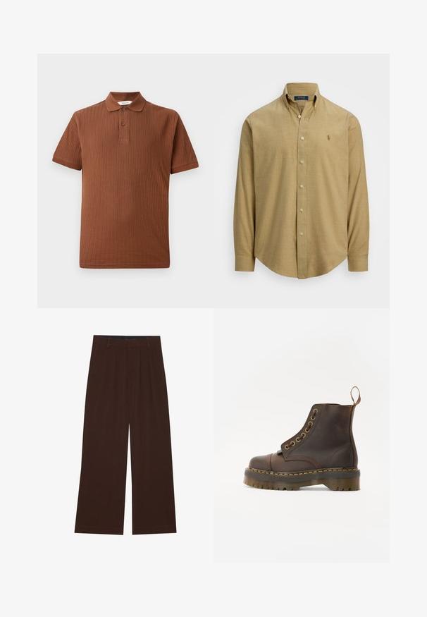 Pruun ribatud polo särk klassikalise kraega, kahe nupuga ees ja lühikeste varrukatega. Valmistatud pehmest kangast, millel on struktureeritud viimistlus.; Heled pruun, pika varrukaga nööpidega särk, millel on krae, valmistatud tekstuuriga kangast. Rindmisel on väike logo.; Pruunid laiad püksid voldikutega. Valmistatud siledast kangast, millel on kohandatud vöökoht ja küljetaskud. Tasane äär all.; Pruun nahast pahkluu saapad ümmarguse varbaga, kontrastsete kollaste õmblustega, dekoratiivsete metallist silmadega ja soonilise kummitaldiga.