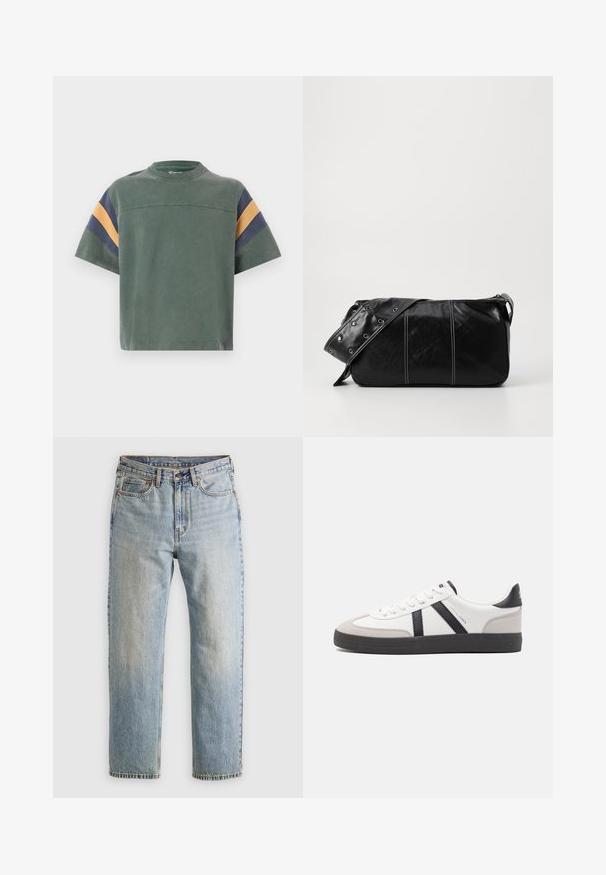 Zöld pamut póló rövid ujjakkal, tengerészkék és mustársárga csíkokkal a vállakon, valamint egyszerű kerek nyakkivágással.; Világoskék farmernadrág magas derékkal, elülső gombbal, cipzárral és öt zsebbel, sima háttérre fektetve.; Fehér sneaker fekete és szürke részletekkel, textúrált szürke orr résszel, fekete gumitalppal és lapos fehér fűzőkkel. Tiszta dizájn, minimalista stílus.; Fekete bőr válltáska, cipzárral zárva, texturált felülettel, fehér varrással és ezüst fémgyűrűs pánttal.
