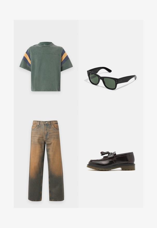 Vihreä puuvillainen t-paita lyhyillä hihoilla, jossa on tummansiniset ja sinapinväriset raidat hartioilla sekä yksinkertainen pyöreä kaula-auko.; Levin leveät farkut kuluneessa sinisessä ja ruskeassa denimmissä. Ominaisuuksiin kuuluu korkea vyötärö, etupussit ja klassinen napitus metallikoristeilla.; Ruske nahkate loafere z woveno zasnovo, z detajlom v obliki resic in ravnim gumijastim podplatom. Imajo gladek zaključek in kontrastno šivanje.; Mustat suorakulmaiset aurinkolasit vihreillä linsseillä, mattapinta, hienovaraiset metalliosat ja kohokuvioitu logo sankassa.