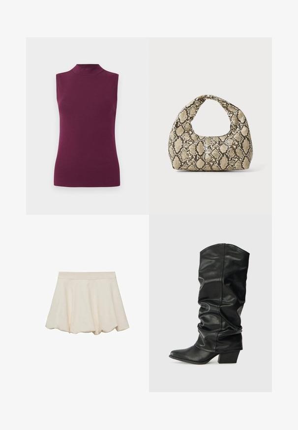 Top brez rokavov v slivasto vijolični barvi z visoko ovratnikom in prilegnjeno silhueto na enobarvnem belem ozadju.; Krema barve krilo z mehko, gladko teksturo, razširjenim dizajnom in valovitim robom. Ima širok elastičen pas za udobje.; Črne usnjene škornje do kolen s nagubanjem, z zunanjim konico in debelim peto, s sijočo teksturo in minimalnim šivanjem.; Torba z vzorom kače s ukrivljenim ročajem. Narejena iz teksturiranih, bež in rjavih materialov, ki imajo značilen diamante vzorec.