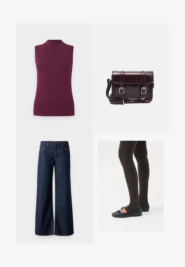 Sleeveless plum purple high-neck top with a fitted silhouette on a plain white background.; Wide-leg jeans in dark blue denim. Features contrast stitching, five pockets, and a button closure at the waist. Smooth texture.; Black flat shoes with a small bow detail at the toe, paired with dark brown ribbed tights. Shoes have a smooth texture and low profile.; Burgundy patent leather crossbody bag with a rectangular shape, two straps, silver hardware, and a flap closure.
