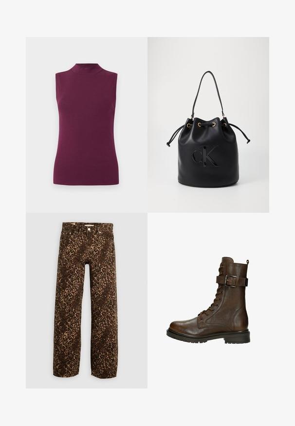 Sleeveless plum purple high-neck top with a fitted silhouette on a plain white background.; Leopard print wide-leg jeans in brown and tan. Made from denim, featuring a classic five-pocket design and metal hardware accents.; Brown leather lace-up ankle boot with a side buckle, round toe, rugged sole, and stitching details for added texture.; Black leather bucket bag with drawstring closure, featuring a glossy "CK" logo on the front and gold-tone hardware accents.