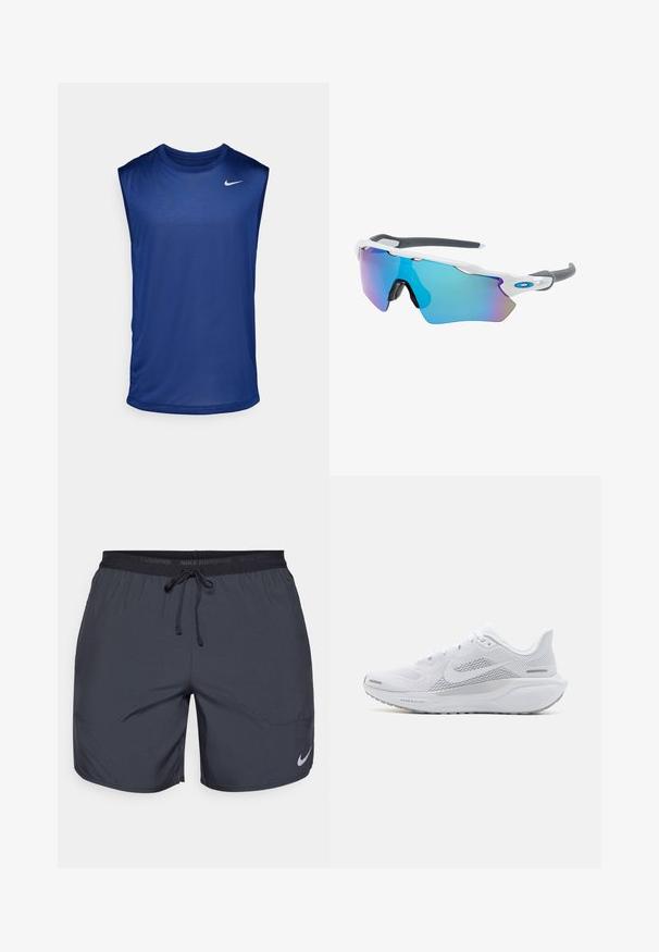 Nike Performance TEE RESET - Top - blue void/matte silver; Pantaloni scurți de alergare Nike de culoare gri închis, cu un brâu elastic și șnur și un accent cu logo argintiu pe partea inferioară a piciorului drept.; Pantofii sport albi cu un superior din plasă, suprapărți cu textură netedă, accente gri, șireturi și o talpă căptușită, concepuți pentru performanță.; Ochelari de soare cu cadru alb, accente gri și lentile curbate albastre. Design sportiv, formă envolvitoare și pernițe de nas ajustabile.