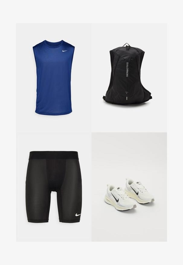 Nike Performance - Top; Czarne spodenki sportowe wykonane z gładkiego, elastycznego materiału. Posiadają szeroki pas ze wytłoczonym logo oraz małe białe logo na nogawce.; Buty do biegania wykonane z białej, oddychającej siateczki z jasnoszarymi akcentami. Posiadają czarny logo w kształcie „swoosh” oraz jasnoszary gumowy bieżnik.; Salomon CROSS 8 UNISEX czarny