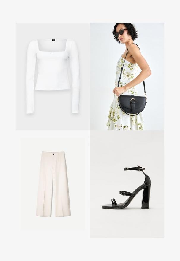 Witte lange mouwen top met een vierkante halslijn, geribbelde textuur, aansluitend ontwerp en een klein strikje aan de voorkant boven de zoom.; Crème brede broek met een tailored ontwerp, voorzien van twee voorzakken en een enkele sluiting met een knop aan de voorkant, gemaakt van een gladde stof.; Zwarte gepatenteerde sandalen met hak en een vierkante neus, enkelbandjes en zilveren gespen. Heeft een stevige blokhak voor stabiliteit.; Zwarte leren handtas met een gebogen vorm, afneembare schouderband en gouden hardware. De tas heeft een klep met een gespsluiting.