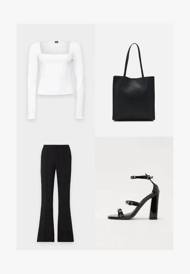 White long-sleeve top with a square neckline, ribbed texture, fitted design, and a small bow detail at the front above the hem.; Black flared pants made of smooth fabric, featuring a fitted waist, front seam details, and a slight flare starting from the knee.; Black patent heeled sandals with a square toe, ankle straps, and silver buckles. Features a chunky block heel for stability.; Black leather tote bag with smooth texture, rectangular shape, and two long handles. No visible hardware or embellishments.