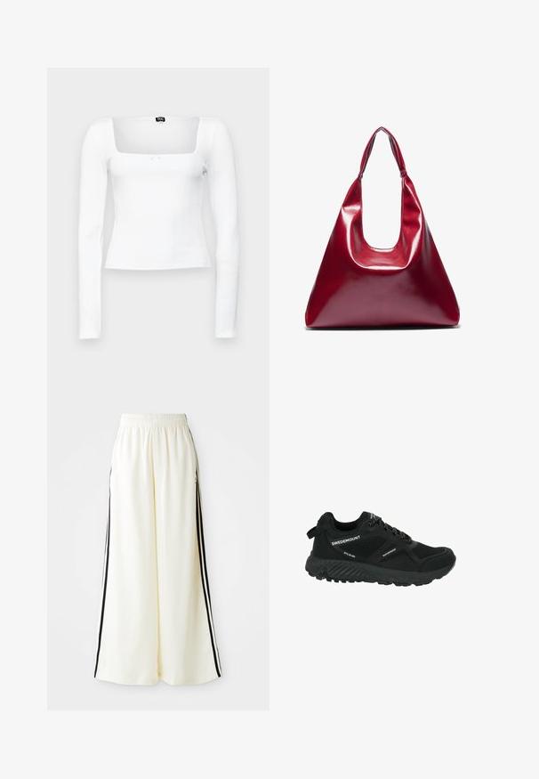 Witte lange mouwen top met een vierkante halslijn, geribbelde textuur, aansluitend ontwerp en een klein strikje aan de voorkant boven de zoom.; Witte wijde broek met elastische tailleband en zwarte verticale strepen langs de buitennaad.; Zwarte waterdichte wandelschoen met gaaspanelen, textuurzool, ronde neus en reflecterende veters. Voorzien van een logo en een trekband op de hiel.; Rode glanzende leren handtas met een driehoekige vorm, brede opening aan de bovenkant en een enkele gebogen handgreep. Gladde textuur met minimale stikseldetails.