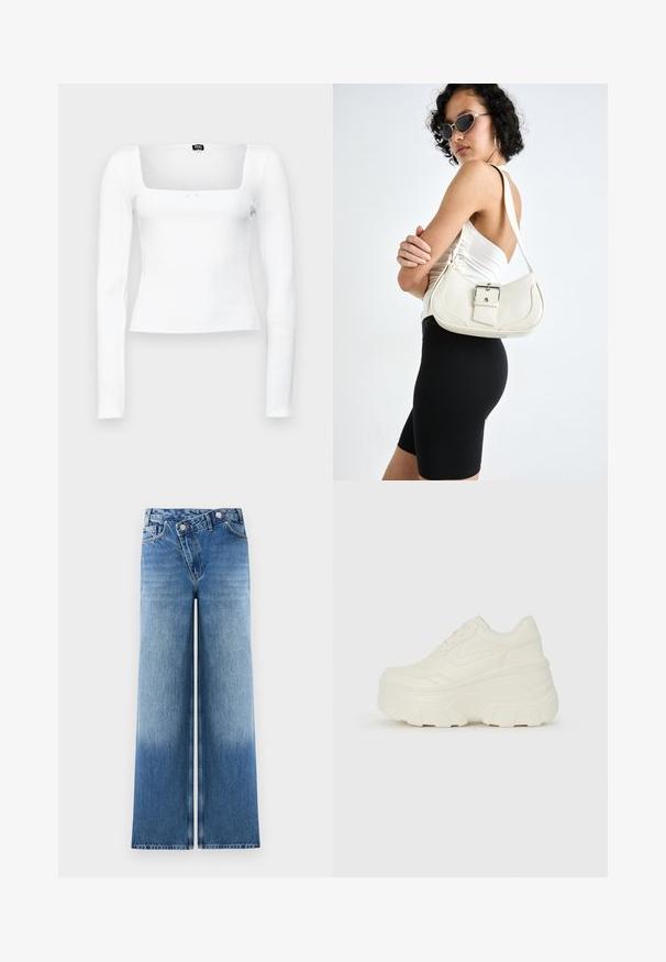 Balta ilgu piedurkņu blūze ar kvadrātveida izgriezumu, ribota tekstūra, pieguļošs dizains un mazs loku akcents priekšpusē virs apakšmala.; Gaiši zili platā stila džinsi ar izbalējušu mazgāšanu, ar klasisku piecu kabatu dizainu un metāla pogu akcentiem jostasvietā.; Baltie platformas sporta apavi, kas izgatavoti no gludas mākslīgās ādas, ar noapaļotu formu, mīkstu apkakli un teksturētu gumijas zoli ar izteiktiem rakstiem.; Balta ādas rokassoma ar izliekta formu, regulējamu siksniņu un mazu sprādzi. Modelis valkā pieguļošu melnu apģērbu.