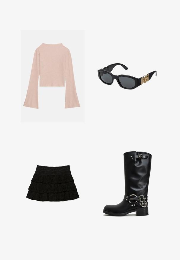 Ljusrosa långärmad crop top i texturerat tyg, med vida ärmar och en subtil lyster. Rundad halsringning bak.; Svart flerlagad kjol med tre lager volanger och ett texturerat blommönster. Elastisk midja för komfort och passform.; Svarta knähöga stövlar gjorda av slätt syntetmaterial. Har silverfärgade spännen och en accentring. Kraftig fyrkantig klack.; Svarta solglasögon med en kraftig geometrisk ram, mörka linser och guldmetallaccenter på skalmarna som har en rund emblemdetalj.